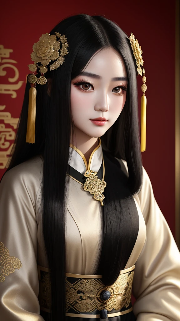 Masterpiece, teenage girl, long black hair, gorgeous face, black eyes, very fine eyes, highlight face and eyes, ancient cosmetic makeup, ancient Chinese dress, Chinese palace background, 30k, exquisite clothing details, high profile, perfect light, cinema light.