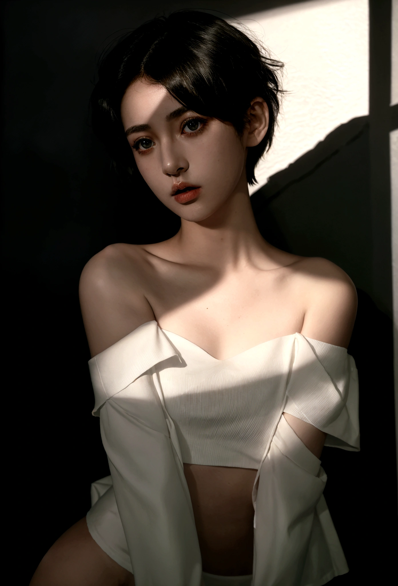 girl wearing off-the-shoulder underwear, short hair, sexy look, in dark environment, deep shadows, low key lighting, cold tones, (best quality, masterpiece, ultra-detailed, photorealistic:1.5, raw photo)