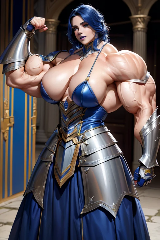 (((Massive beautiful, buff, pale white skinned muscular paladin woman with royal blue hair, black lipstick, ginormous bulky muscles and wearing full gleaming royal blue paladin knight armored with a long tiered skirt))), (close view), large breast, (massive muscles), massive biceps, hyper muscle shoulders, hyper muscle triceps, (long wavy curly hair), white eyes, (Paladin boots), (metal armor), breastplate, gauntlets, (Shoulder armor), closed smile, (in a castle in heaven), Vascular arms, hyper muscles arms, hyper muscle legs, massive arms.
