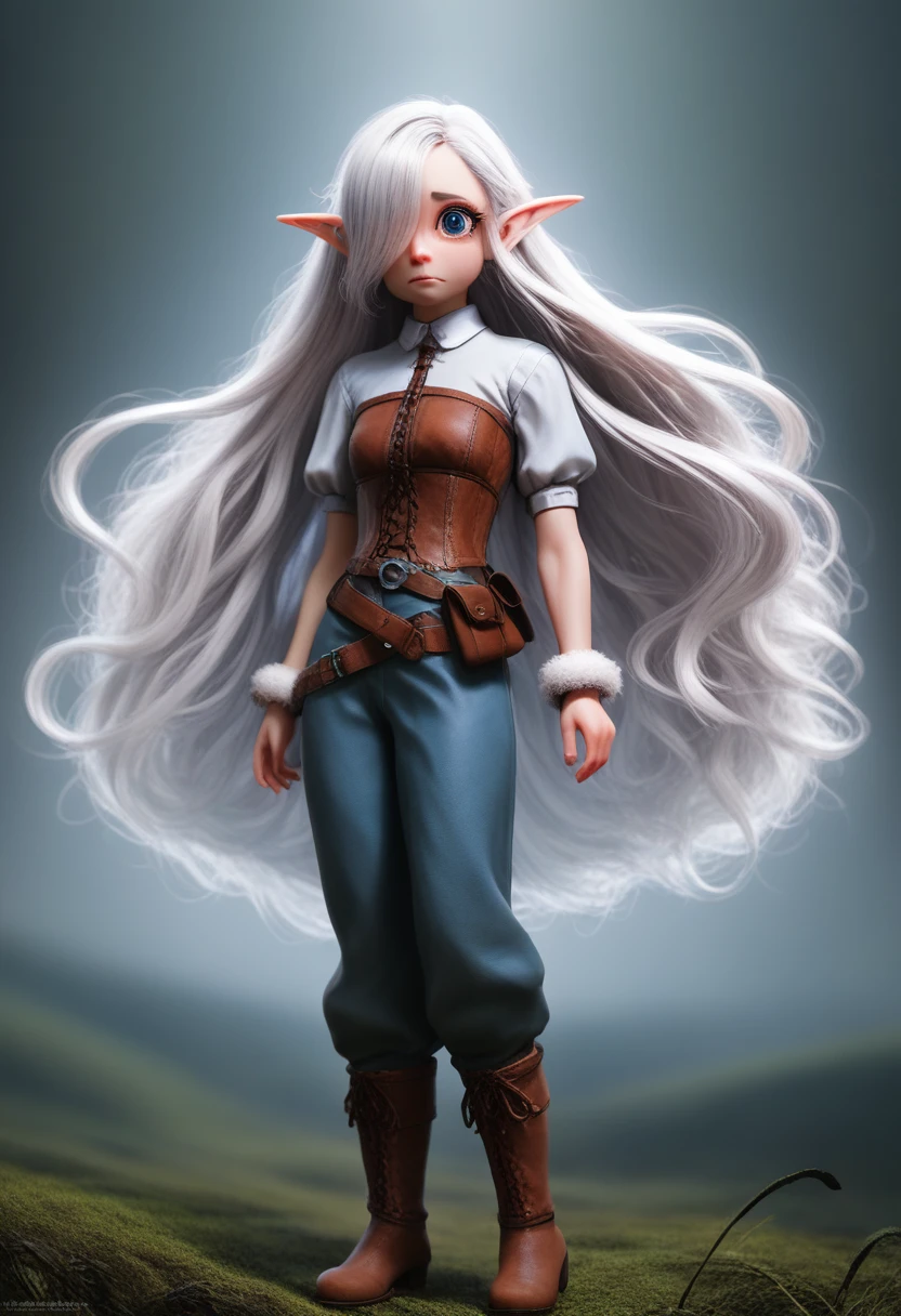 a  girl with pale skin, very long wavy silver hair covering one eye, bright blue anime-style eyes with long lashes, wearing a corset, white puffy long sleeved shirt, and puffy cloth pants, leather bound boots, set in a windy fantasy landscape, (best quality, 4k, 8k, highres, masterpiece :1.2),ultra-detailed,dungeons and dragons, long elf ears, detailed skin and cloth textures, cute detailed face, intricate details, extremely detailed, 1girl, dynamic pose with hair covering one eye, shy personality, puffy cloth pants with leather belt, detailed privateer outfit, detailed buccaneer outfit, pouch on belt, wearing ornate leather armor with fur trim, silver inlay detail, wearing fur trimmed boots, wearing fur trimmed gloves, short, short height, halfing girl, small, very long detailed flowing hair, big head, big round eyes, windy, wind blown hair,bwirey muscles, fighter, dynamic angle, kineticist, pathfinder, pathfinder kineticist, wind kineticist, pouty lips