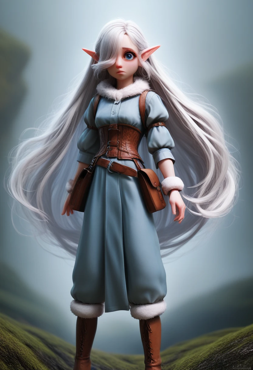 a small girl with pale skin, very long wavy silver hair covering one eye, bright blue anime-style eyes with long lashes, wearing a corset, white puffy long sleeved shirt, and puffy cloth pants, leather bound boots, set in a windy fantasy landscape, (best quality, 4k, 8k, highres, masterpiece :1.2),ultra-detailed,dungeons and dragons, long elf ears, detailed skin and cloth textures, cute detailed face, intricate details, extremely detailed, 1girl, dynamic pose with hair covering one eye, shy personality, puffy cloth pants with leather belt, detailed privateer outfit, detailed buccaneer outfit, pouch on belt, wearing ornate leather armor with fur trim, silver inlay detail, wearing fur trimmed boots, wearing fur trimmed gloves, short, short height, halfing girl, small girl, very long detailed flowing hair, big head, big round eyes, windy, wind blown hair,bwirey muscles, fighter, dynamic angle, kineticist, pathfinder, pathfinder kineticist, wind kineticist, pouty lips