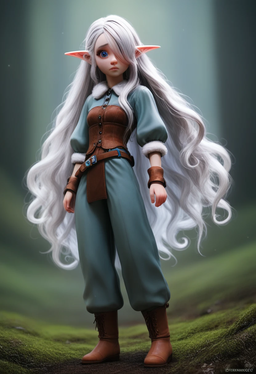 a small girl with pale skin, very long wavy silver hair covering one eye, bright blue anime-style eyes with long lashes, wearing a corset, white puffy long sleeved shirt, and puffy cloth pants, leather bound boots, set in a windy fantasy landscape, (best quality, 4k, 8k, highres, masterpiece :1.2),ultra-detailed,dungeons and dragons, long elf ears, detailed skin and cloth textures, cute detailed face, intricate details, extremely detailed, 1girl, dynamic pose with hair covering one eye, shy personality, puffy cloth pants with leather belt, detailed privateer outfit, detailed buccaneer outfit, pouch on belt, wearing ornate leather armor with fur trim, silver inlay detail, wearing fur trimmed boots, wearing fur trimmed gloves, short, short height, halfing girl, small girl, very long detailed flowing hair, big head, big round eyes, windy, wind blown hair,bwirey muscles, fighter, dynamic angle, kineticist, pathfinder, pathfinder kineticist, wind kineticist, pouty lips