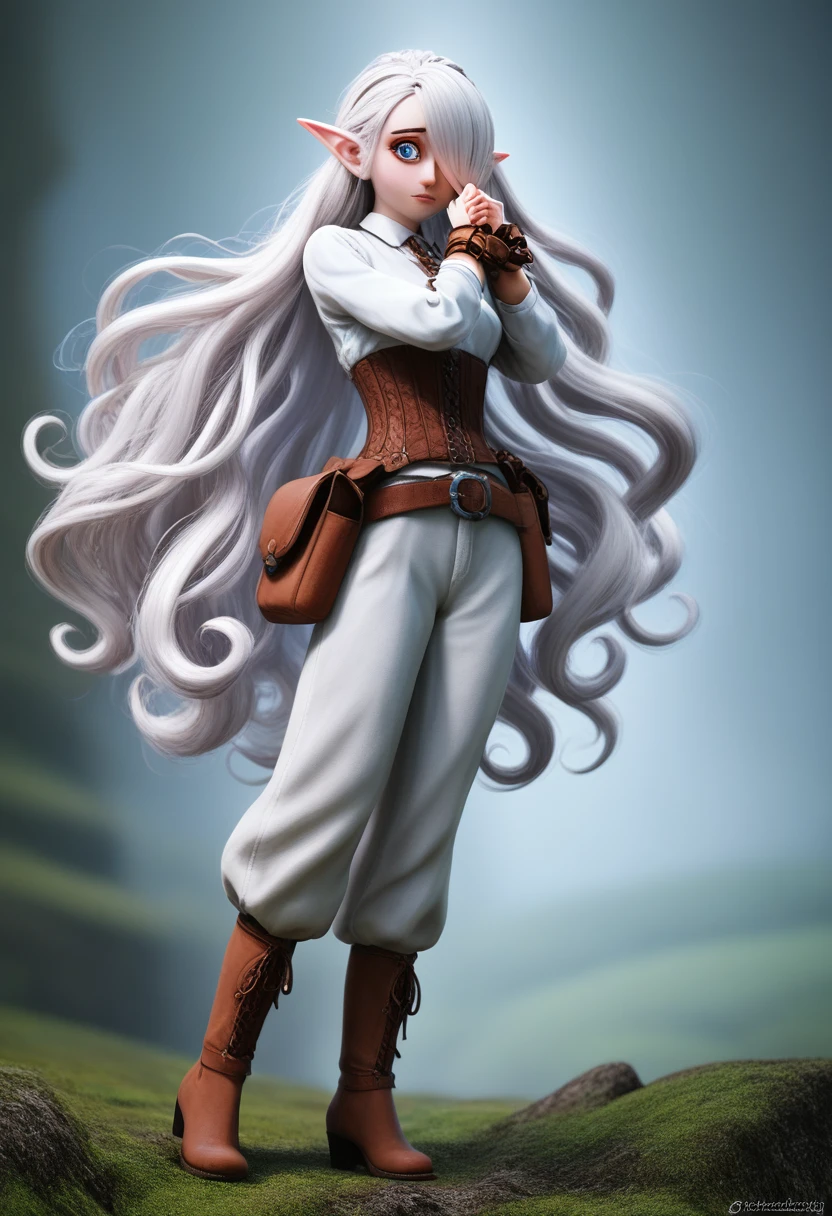 a small girl with pale skin, very long wavy silver hair covering one eye, bright blue anime-style eyes with long lashes, wearing a corset, white puffy long sleeved shirt, and puffy cloth pants, leather bound boots, set in a windy fantasy landscape, (best quality, 4k, 8k, highres, masterpiece :1.2),ultra-detailed,dungeons and dragons, long elf ears, detailed skin and cloth textures, cute detailed face, intricate details, extremely detailed, 1girl, dynamic pose with hair covering one eye, shy personality, puffy cloth pants with leather belt, detailed privateer outfit, detailed buccaneer outfit, pouch on belt, wearing ornate leather armor with fur trim, silver inlay detail, wearing fur trimmed boots, wearing fur trimmed gloves, short, short height, halfing girl, small girl, very long detailed flowing hair, big head, big round eyes, windy, wind blown hair,bwirey muscles, fighter, dynamic angle, kineticist, pathfinder, pathfinder kineticist, wind kineticist, pouty lips