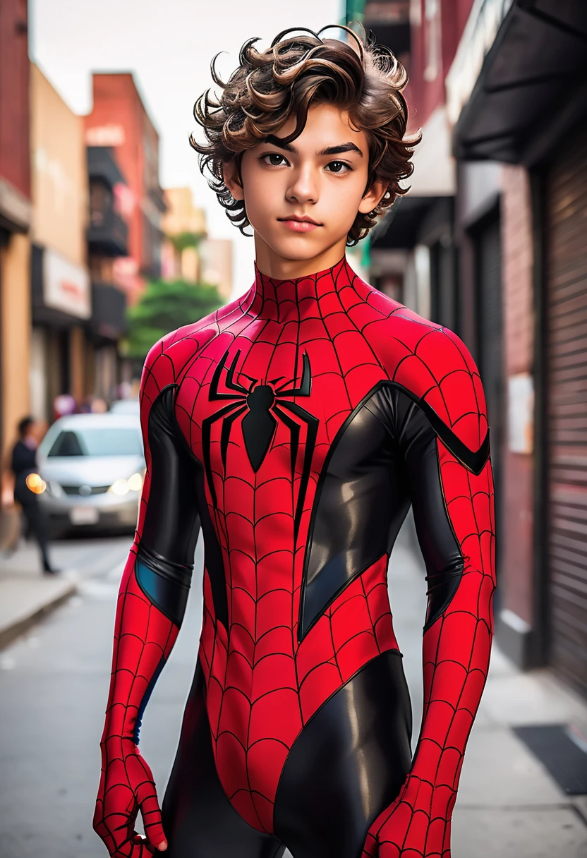 A nineteen year old half mexican half white. with short wavy brown hair cosplaying a red and black spiderman suit. Well toned body and handsome