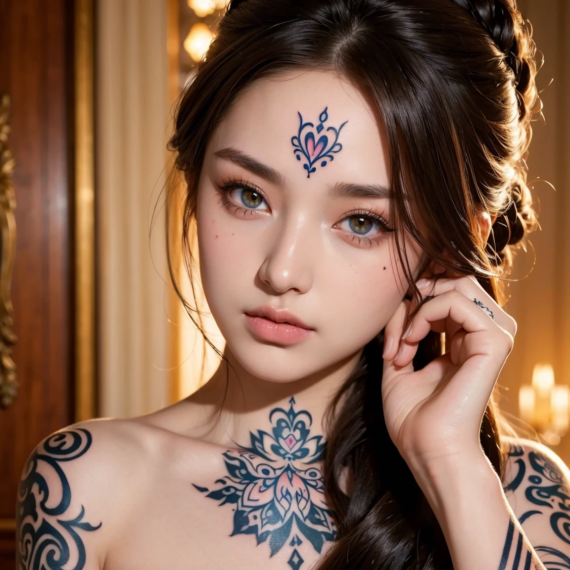 NSFW, (masterpiece, best quality:1.5), ultra detailed, high resolution, 16k, the most beautiful face in the world, perfect face, delicate facial features, highly detailed beautiful face and eyes, shiny skin, highly detailed background, elaborately designed, fine cloth texture, BREAK, (gorgeous and stunning teenage princess in gorgeous and luxurious princess dress:1.2), perfect make-up, eyeshadow, lash extensions, rouge, deeply in love, full of elegance, (face mysterious tattoo:1.4)