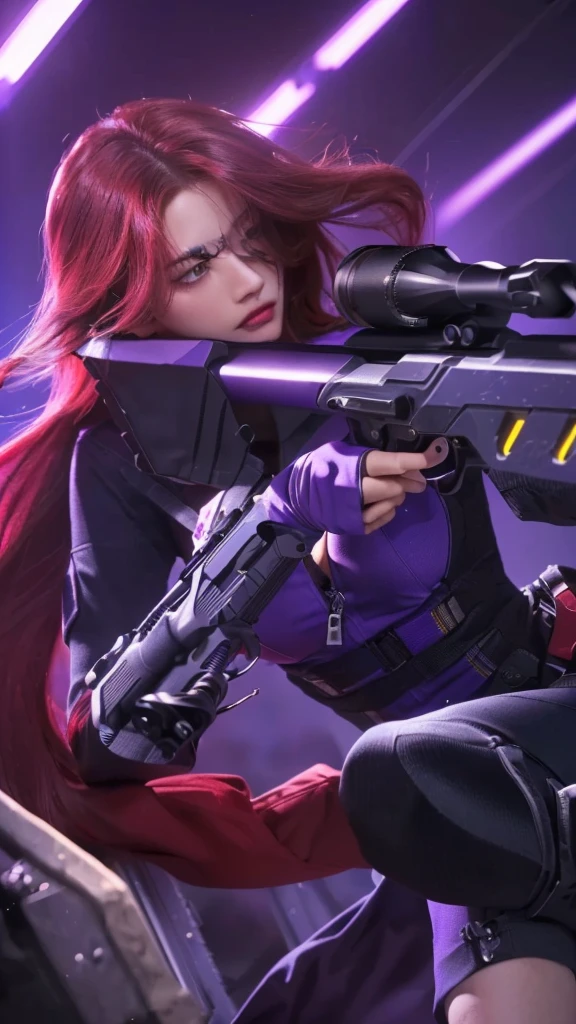 a realistic portrait of a woman holding a sniper rifle, violet battlefield theme,(best quality,4k,8k,highres,masterpiece:1.2),ultra-detailed,(realistic,photorealistic,photo-realistic:1.37),HDR,UHD,studio lighting,ultra-fine painting,sharp focus,physically-based rendering,extreme detail description,professional,vivid colors,bokeh,portrait,military,sniper,war,gun,violet,dramatic lighting,intense expression,determined,cinematic composition
