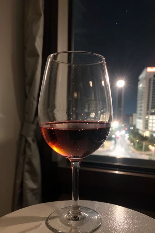 Photo of a glass of wine in a room at night in Panama City as if taken from a cell phone