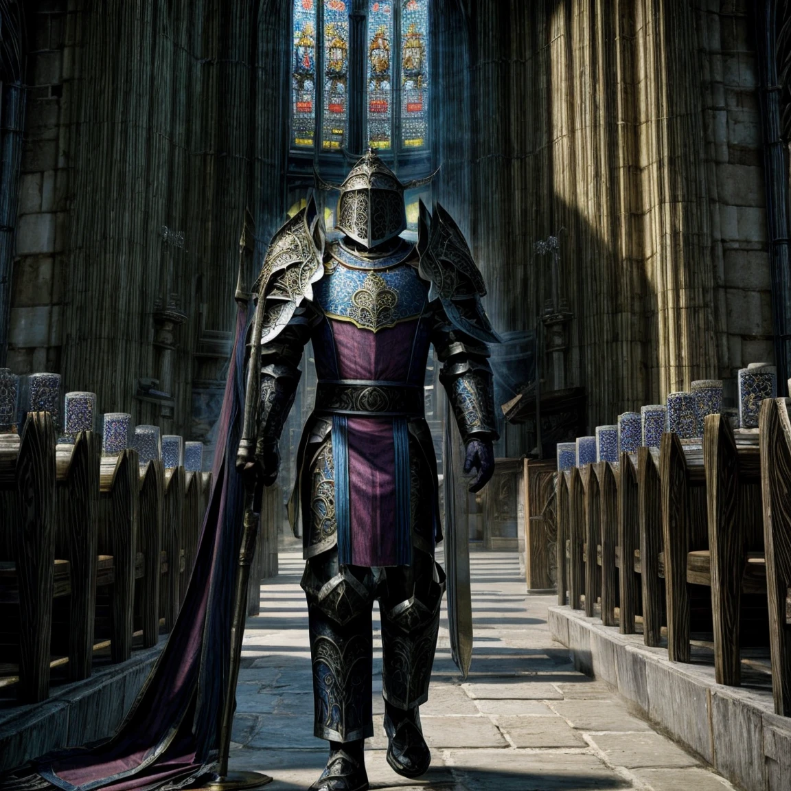 Draego, a medieval knight in shining armor, standing in front of an altar in a large cathedral, dramatic backdrop, high contrast, wide angle lens, vibrant colors, serene, detailed intricate armor, flowing cape, determined facial expression, sunlight streaming through stained glass windows, ornate altar with candles, dramatic shadows, cinematic composition, photorealistic, 8k, hyper detailed, masterpiece
