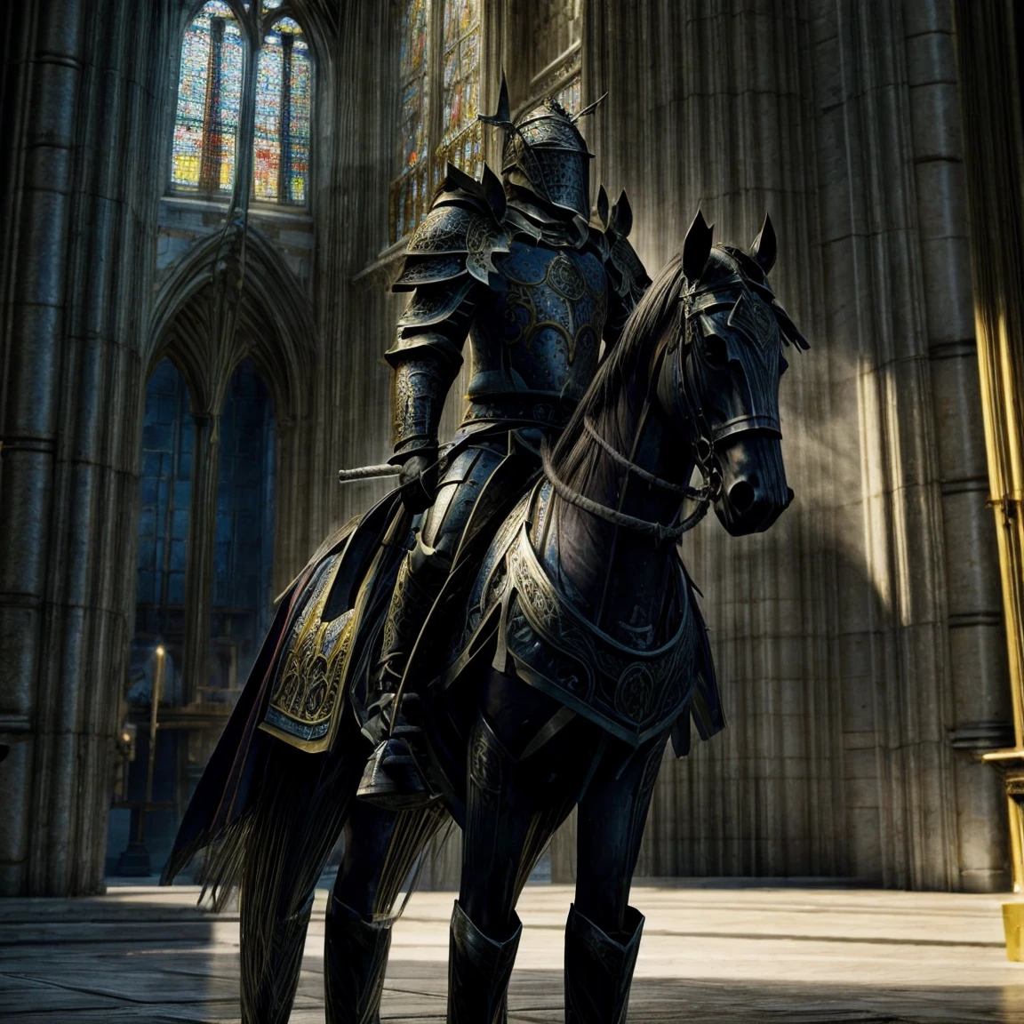 Draego, a medieval knight in shining armor, standing in front of an altar in a large cathedral, dramatic backdrop, high contrast, wide angle lens, vibrant colors, serene, detailed intricate armor, flowing cape, determined facial expression, sunlight streaming through stained glass windows, ornate altar with candles, dramatic shadows, cinematic composition, photorealistic, 8k, hyper detailed, masterpiece
