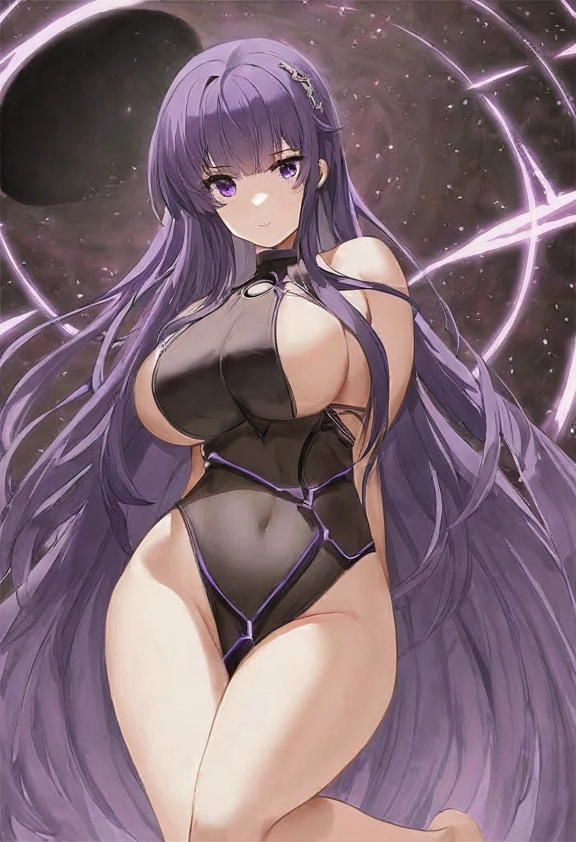 Athena,Purple one-way slightly messy long hair,Purple Eyes,Black one-piece dress,But the one-piece dress is very sexy and revealing,barefoot,A black hole in the universe,Purple and black black hole,Draw a good look,The facial features should be normal,Normal body proportions