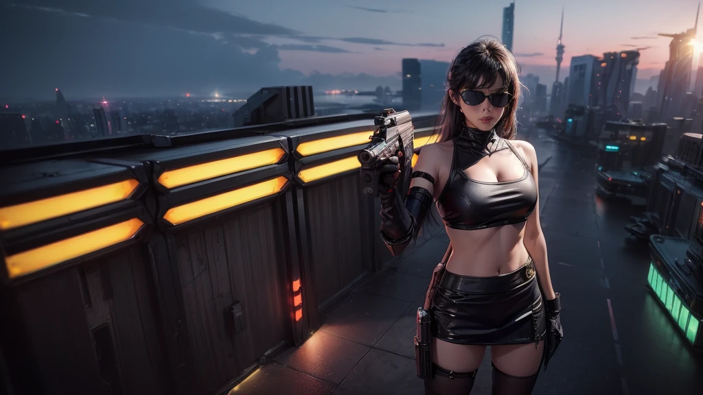 (((aerial view))) of futuristic cyberpunk city at night, hologram neon buildings, vivid colors, (((futuristic flying cars))) and futuristic cars, 3d rendering Beeple. large-breast:1.2 photorealistic sexy woman, solo, cleavage, off neck tube top, miniskirt, (((((black sunglasses, pistol shooting pose))))), standing, leaning forward, (((((half-body thigh level medium shot))))).