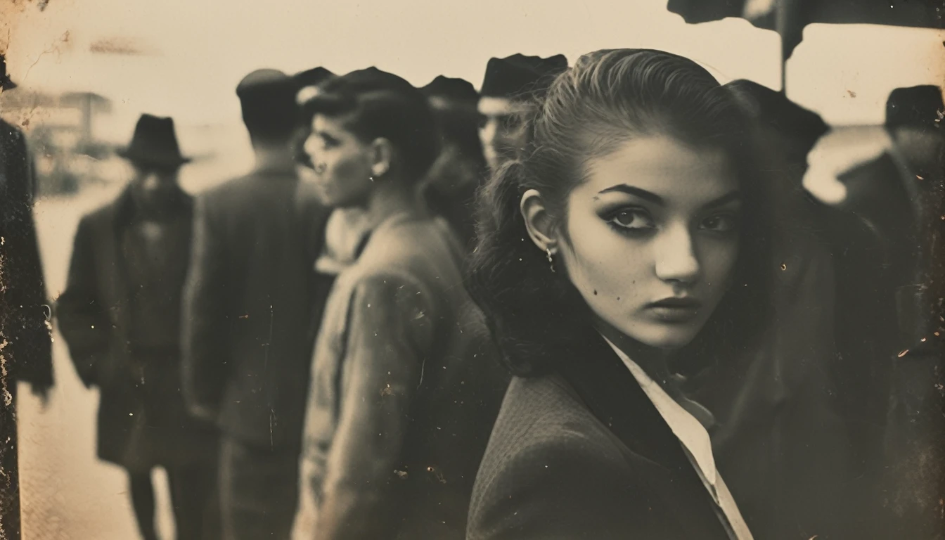 35mm vintage street photo of a very beautiful innocent cute looking lady, 18 years old, dimples, big eyes, tall nose, small mouth, ponytail hair, body tattoo, wearing suit, smiling, gangster, mafia leader, dangerous , a lot follower from behind