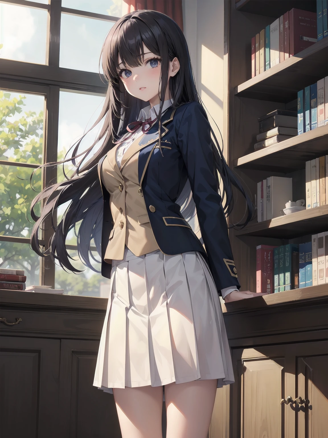 2. ```
(Masterpiece: 1.2), (Best quality: 1.2), Superb resolution, Very detailed. BREAK. ((Anime girl in stylish school uniform)), clear girl, (1, Elegant, : 1.3), gentle expression, graceful posture, long straight black hair, almond-shaped eyes, slim figure, (Top quality: 1.2), very high resolution, very detailed. Expressive eyes, beautifully detailed lips, high resolution detailed hair, perfect face, flawless skin, elegant fingers, perfect lighting. BREAK. ((Chic blazer uniform with gold embroidery)), ((Cream blazer, burgundy ribbon, pleated navy skirt: 1.3)), white knee socks, loafers. BREAK. (School library), bookshelves, study tables, globe, warm lighting, (cowboy shot framing: 1.2). BREAK. ((Positive: 1.3)). BREAK. Digital animation art, elegant anime style illustration