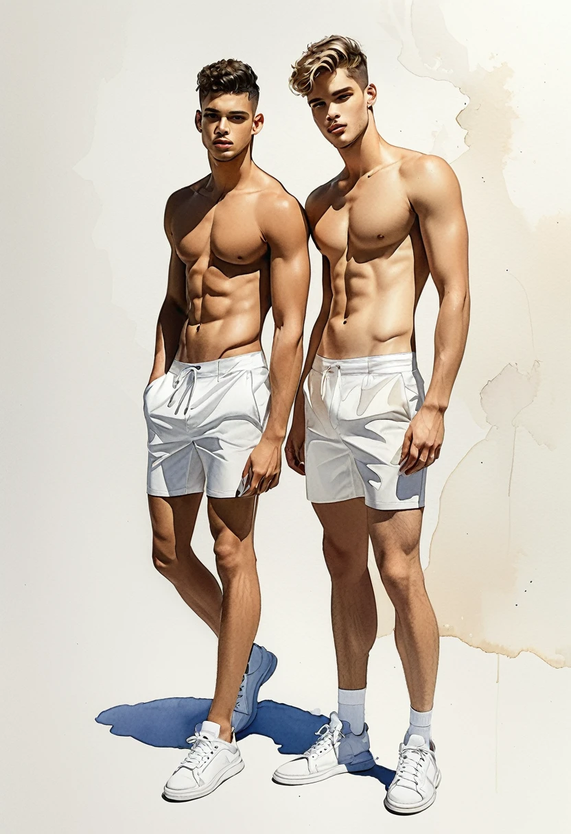 Candid fashion illustration of two young mixed-race male supermodels, both aged 20, showcasing a fashion look book in men's white thong swimsuits. They embody an elegant, young, and sexy style. The two men complement each other in their swimsuits and white sneakers. Captured in a low angle, full-body image with an imperfect watercolor background. The illustration is a sketching, realistic drawing with an imperfect watercolor effect, resembling a fashion look book, crafted by a fashion illustrator, and inspired by Jacquemus. The models are depicted as a gay couple, handsome, with noticeable features.