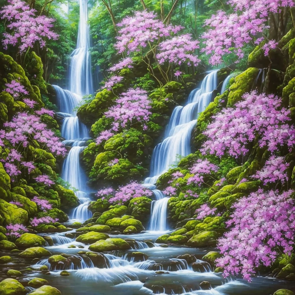 painting of a waterfall with purple flowers in front of it, orchids, orchid, moth orchids, jim warren, by Ji Sheng, by Howard Lyon, by sung choi, by Ken Danby, by David A. Hardy, by Marek Okon, by David B. Mattingly, by Liang Kai, realistic flowers oil painting, by Hong Ren