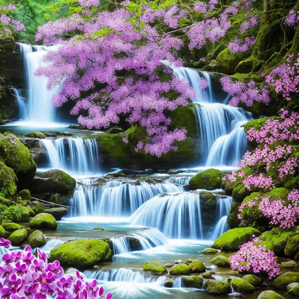 painting of a waterfall with purple flowers in front of it, orchids, orchid, moth orchids, jim warren, by Ji Sheng, by Howard Lyon, by sung choi, by Ken Danby, by David A. Hardy, by Marek Okon, by David B. Mattingly, by Liang Kai, realistic flowers oil painting, by Hong Ren