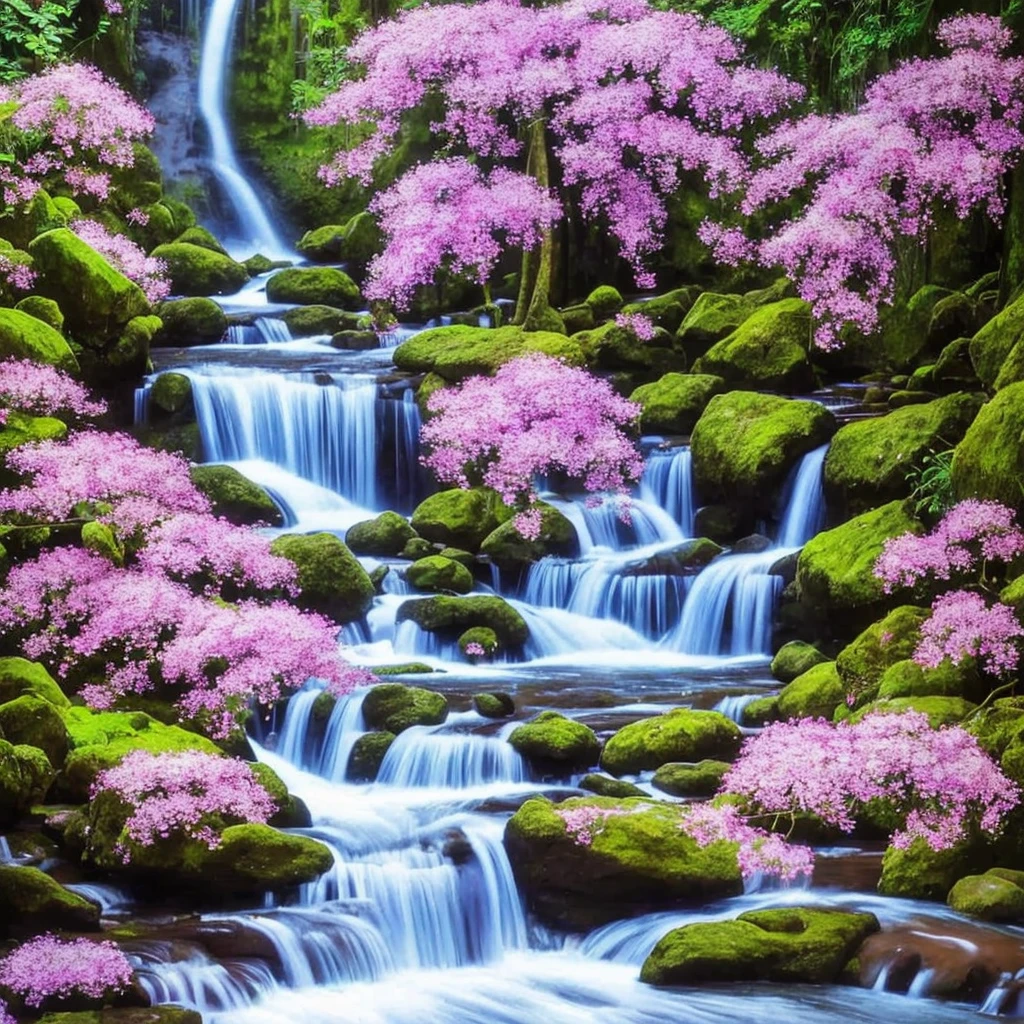 painting of a waterfall with purple flowers in front of it, orchids, orchid, moth orchids, jim warren, by Ji Sheng, by Howard Lyon, by sung choi, by Ken Danby, by David A. Hardy, by Marek Okon, by David B. Mattingly, by Liang Kai, realistic flowers oil painting, by Hong Ren