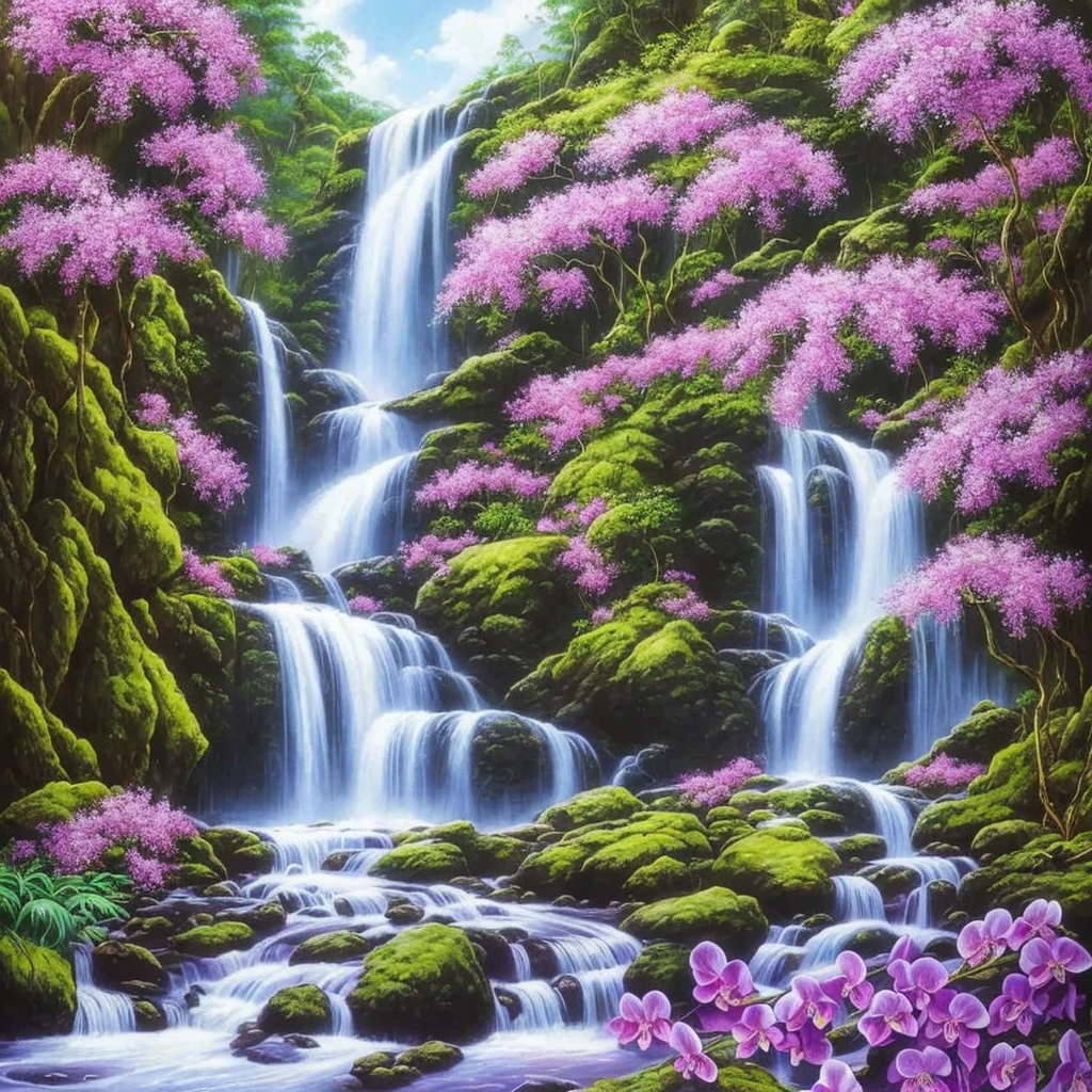 painting of a waterfall with purple flowers in front of it, orchids, orchid, moth orchids, jim warren, by Ji Sheng, by Howard Lyon, by sung choi, by Ken Danby, by David A. Hardy, by Marek Okon, by David B. Mattingly, by Liang Kai, realistic flowers oil painting, by Hong Ren