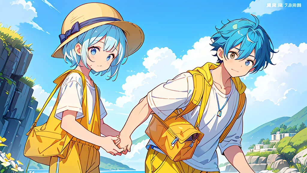 (((Mother and son,)))、(A 3--old wearing a yellow hat and a yellow rectangular bag slung over his shoulder、Blue shorts、White shirt)、((Highest quality、Masterpiece、Official Art、The best dynamic composition))、They both have a mixture of blue and white hair.、She is happily stroking the babycheek.、Heartwarming、happiness、A sparkling world、Upper body close-up、