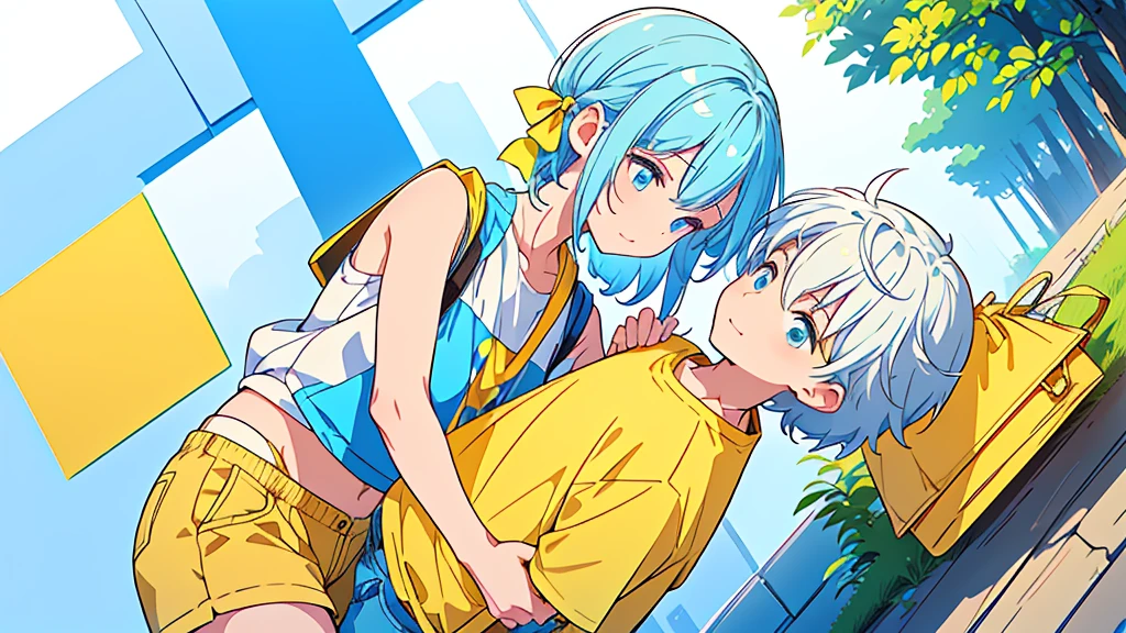 (((Mother and son,)))、(A 3-year-old boy wearing a yellow hat and a yellow rectangular bag slung over his shoulder、Blue shorts、White shirt)、((Highest quality、Masterpiece、Official Art、The best dynamic composition))、They both have a mixture of blue and white hair.、She is happily stroking the baby's cheek.、Heartwarming、happiness、A sparkling world、Upper body close-up、