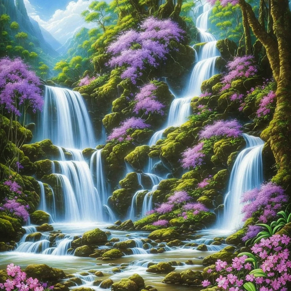 painting of a waterfall with purple flowers in front of it, orchids, orchid, moth orchids, jim warren, by Ji Sheng, by Howard Lyon, by sung choi, by Ken Danby, by David A. Hardy, by Marek Okon, by David B. Mattingly, by Liang Kai, realistic flowers oil painting, by Hong Ren