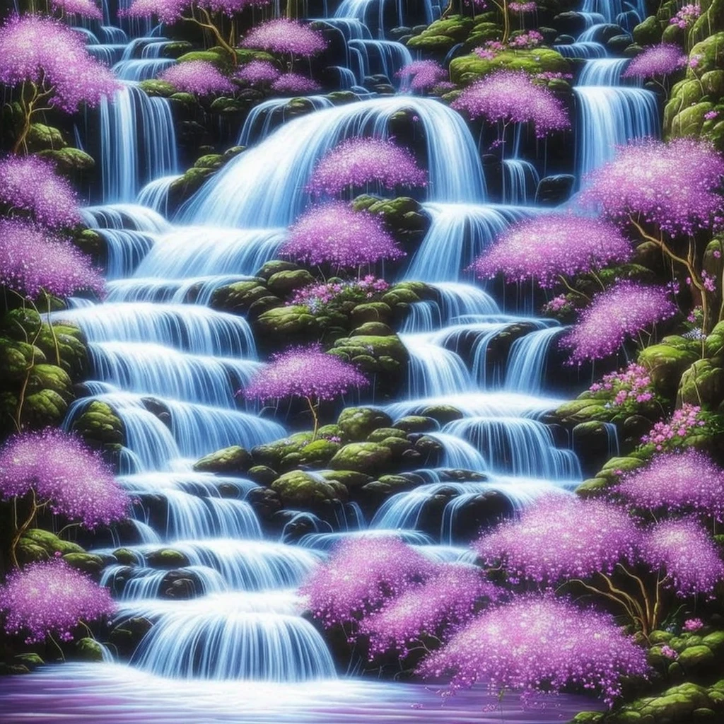 painting of a waterfall with purple flowers in front of it, orchids, orchid, moth orchids, jim warren, by Ji Sheng, by Howard Lyon, by sung choi, by Ken Danby, by David A. Hardy, by Marek Okon, by David B. Mattingly, by Liang Kai, realistic flowers oil painting, by Hong Ren