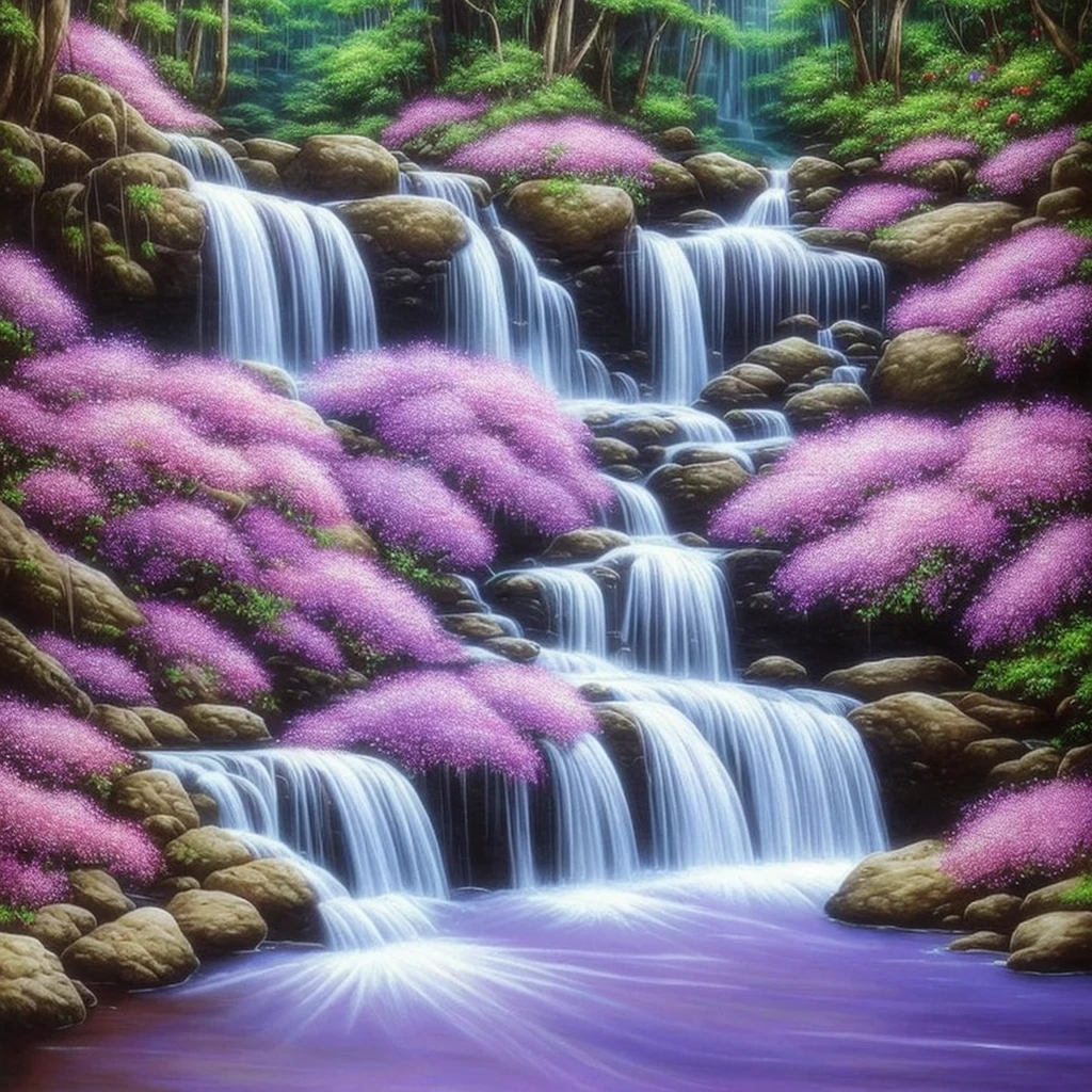 painting of a waterfall with purple flowers in front of it, orchids, orchid, moth orchids, jim warren, by Ji Sheng, by Howard Lyon, by sung choi, by Ken Danby, by David A. Hardy, by Marek Okon, by David B. Mattingly, by Liang Kai, realistic flowers oil painting, by Hong Ren