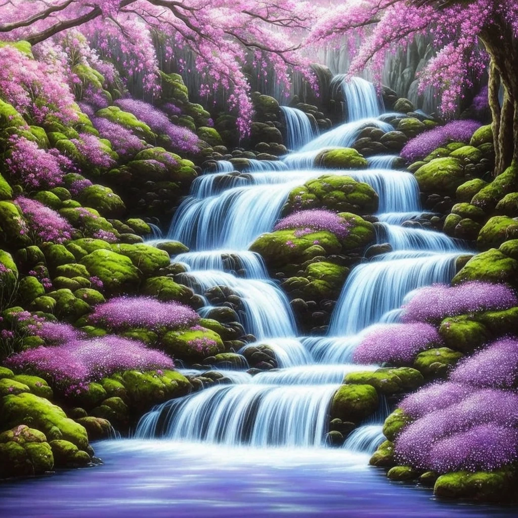 painting of a waterfall with purple flowers in front of it, orchids, orchid, moth orchids, jim warren, by Ji Sheng, by Howard Lyon, by sung choi, by Ken Danby, by David A. Hardy, by Marek Okon, by David B. Mattingly, by Liang Kai, realistic flowers oil painting, by Hong Ren