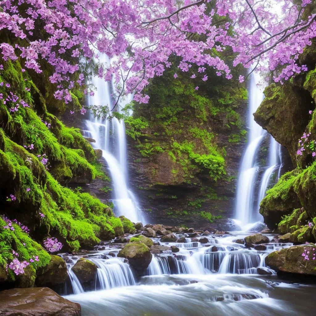 painting of a waterfall with purple flowers in front of it, orchids, orchid, moth orchids, jim warren, by Ji Sheng, by Howard Lyon, by sung choi, by Ken Danby, by David A. Hardy, by Marek Okon, by David B. Mattingly, by Liang Kai, realistic flowers oil painting, by Hong Ren