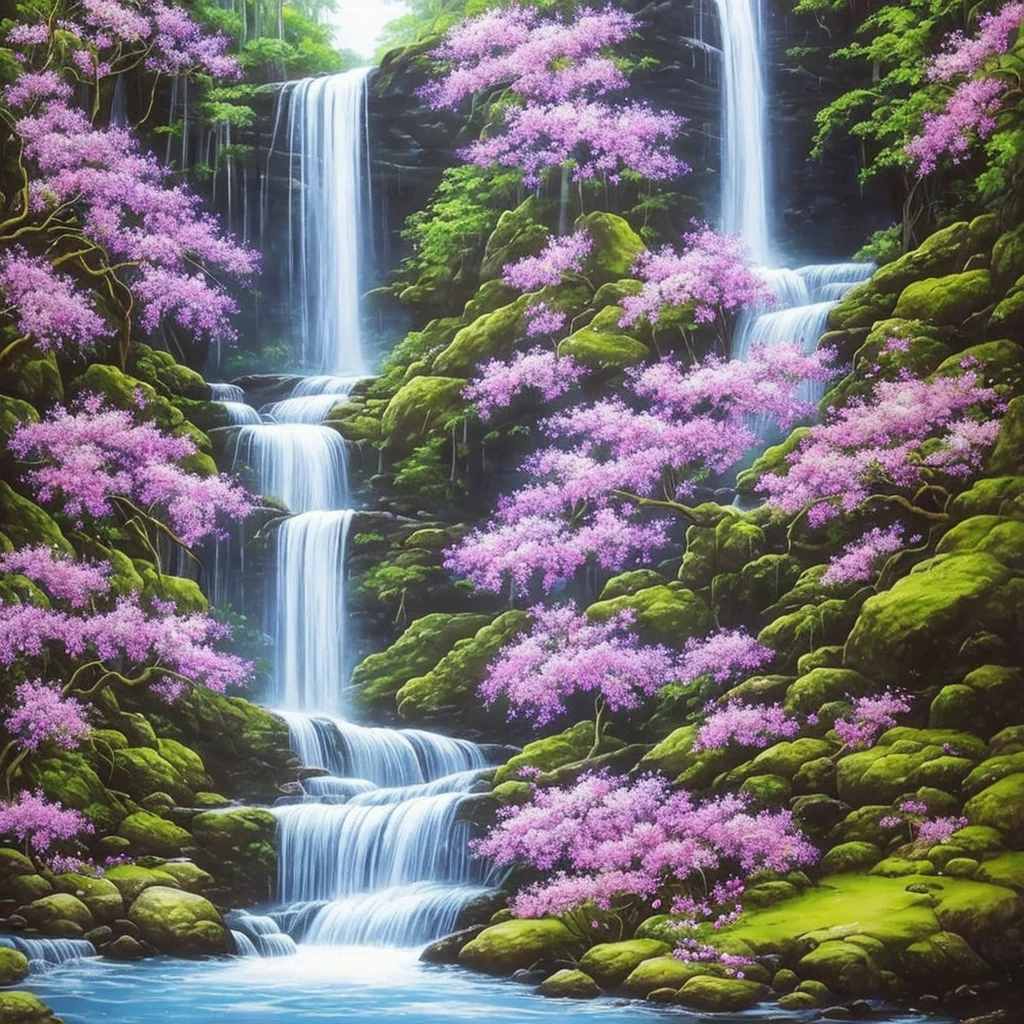 painting of a waterfall with purple flowers in front of it, orchids, orchid, moth orchids, jim warren, by Ji Sheng, by Howard Lyon, by sung choi, by Ken Danby, by David A. Hardy, by Marek Okon, by David B. Mattingly, by Liang Kai, realistic flowers oil painting, by Hong Ren