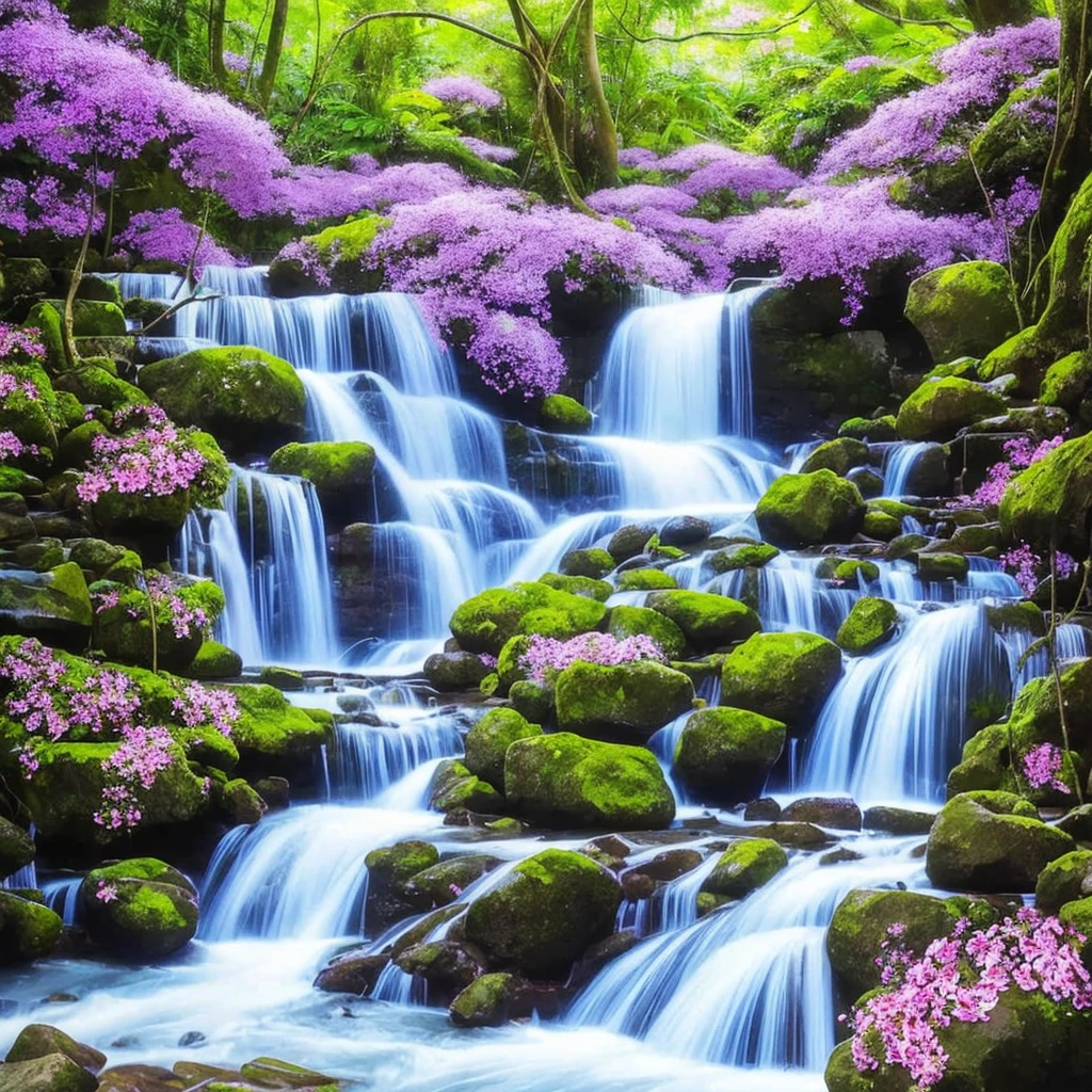 painting of a waterfall with purple flowers in front of it, orchids, orchid, moth orchids, jim warren, by Ji Sheng, by Howard Lyon, by sung choi, by Ken Danby, by David A. Hardy, by Marek Okon, by David B. Mattingly, by Liang Kai, realistic flowers oil painting, by Hong Ren