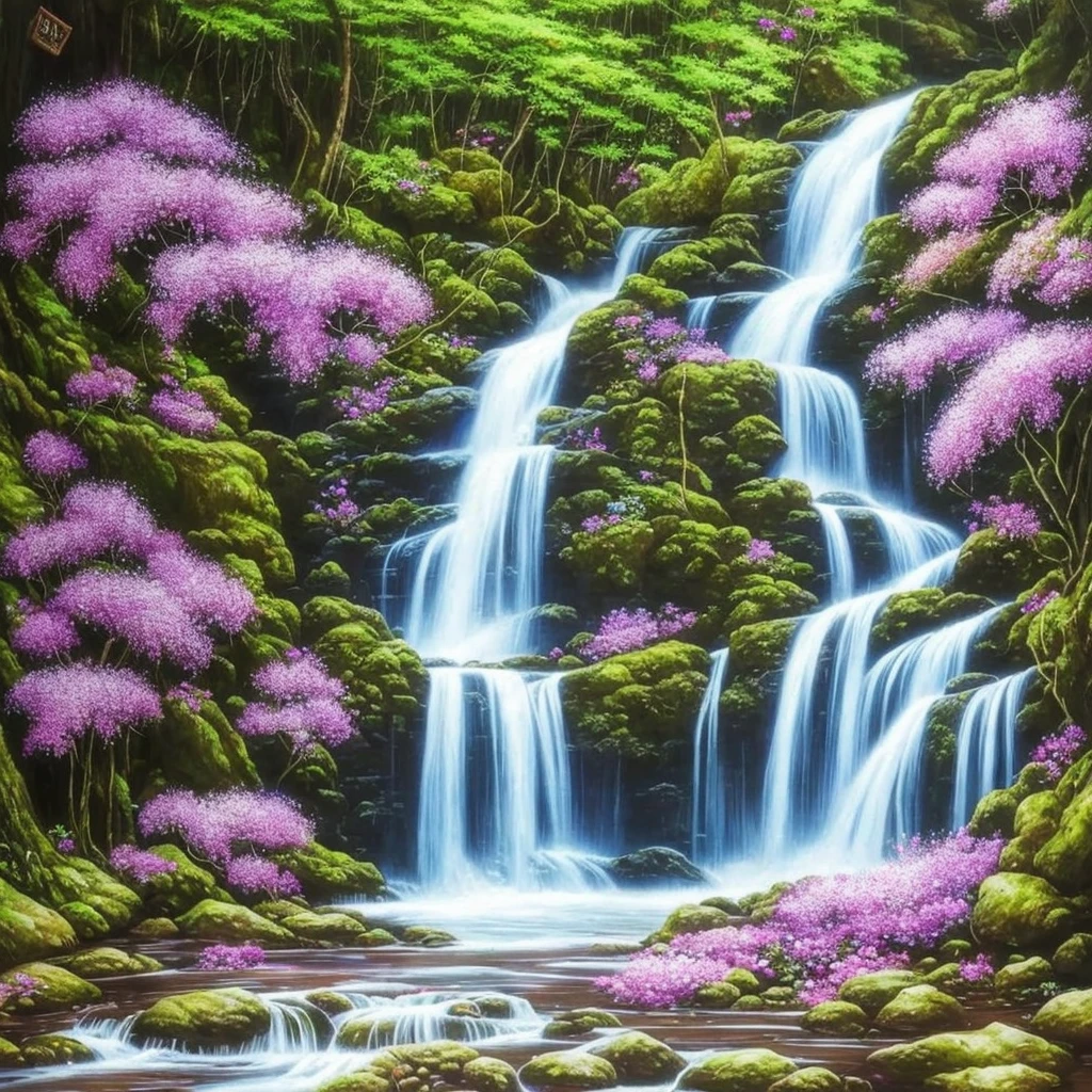 painting of a waterfall with purple flowers in front of it, orchids, orchid, moth orchids, jim warren, by Ji Sheng, by Howard Lyon, by sung choi, by Ken Danby, by David A. Hardy, by Marek Okon, by David B. Mattingly, by Liang Kai, realistic flowers oil painting, by Hong Ren