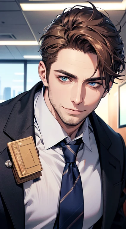 (best quality,4k,8k,highres,masterpiece:1.2),ultra-detailed,(realistic,photorealistic,photo-realistic:1.37),1 man,31 years old,mature man,very handsome,without expression,smile,short grey brown hair,blue eyes,penetrating gaze,perfect face without errors,imposing posture,businessman,office background,cinematic lighting,hdr image
