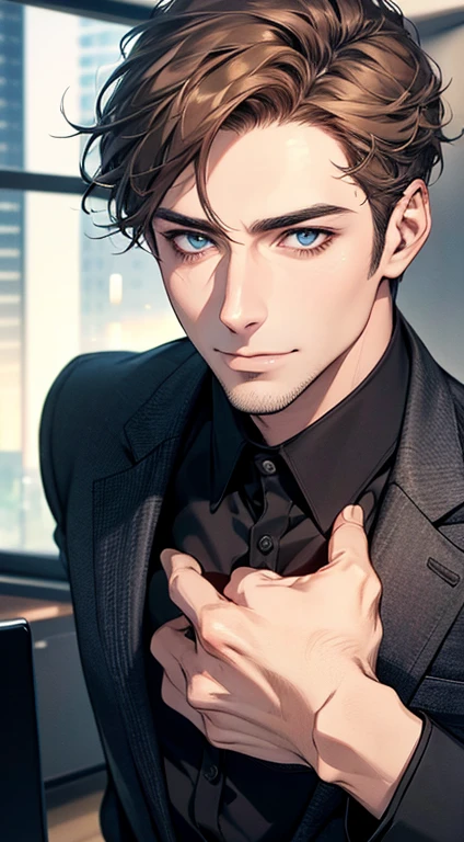 (best quality,4k,8k,highres,masterpiece:1.2),ultra-detailed,(realistic,photorealistic,photo-realistic:1.37),1 man,31 years old,mature man,very handsome,without expression,smile,short grey brown hair,blue eyes,penetrating gaze,perfect face without errors,imposing posture,businessman,office background,cinematic lighting,hdr image