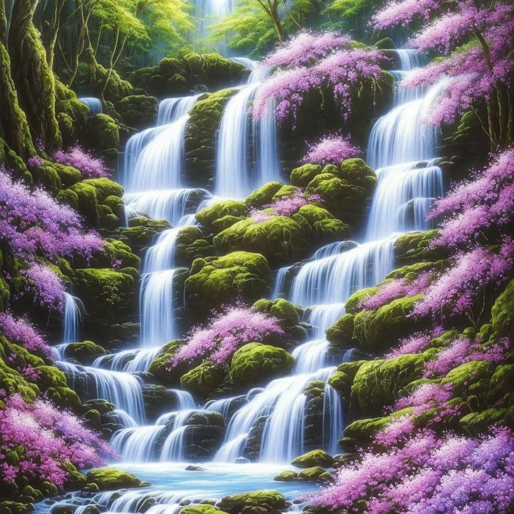 painting of a waterfall with purple flowers in front of it, orchids, orchid, moth orchids, jim warren, by Ji Sheng, by Howard Lyon, by sung choi, by Ken Danby, by David A. Hardy, by Marek Okon, by David B. Mattingly, by Liang Kai, realistic flowers oil painting, by Hong Ren