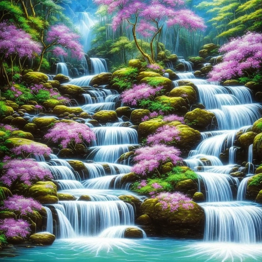 painting of a waterfall with purple flowers in front of it, orchids, orchid, moth orchids, jim warren, by Ji Sheng, by Howard Lyon, by sung choi, by Ken Danby, by David A. Hardy, by Marek Okon, by David B. Mattingly, by Liang Kai, realistic flowers oil painting, by Hong Ren