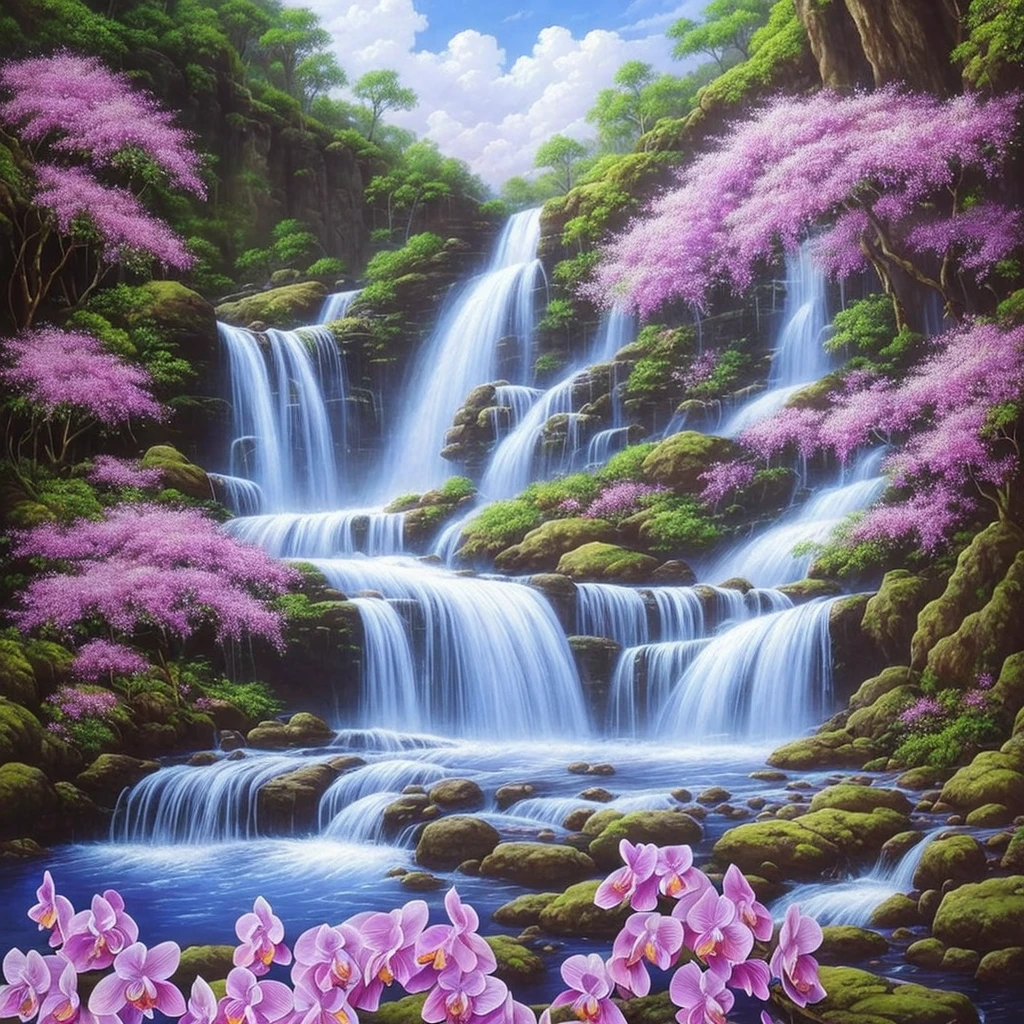 painting of a waterfall with purple flowers in front of it, orchids, orchid, moth orchids, jim warren, by Ji Sheng, by Howard Lyon, by sung choi, by Ken Danby, by David A. Hardy, by Marek Okon, by David B. Mattingly, by Liang Kai, realistic flowers oil painting, by Hong Ren