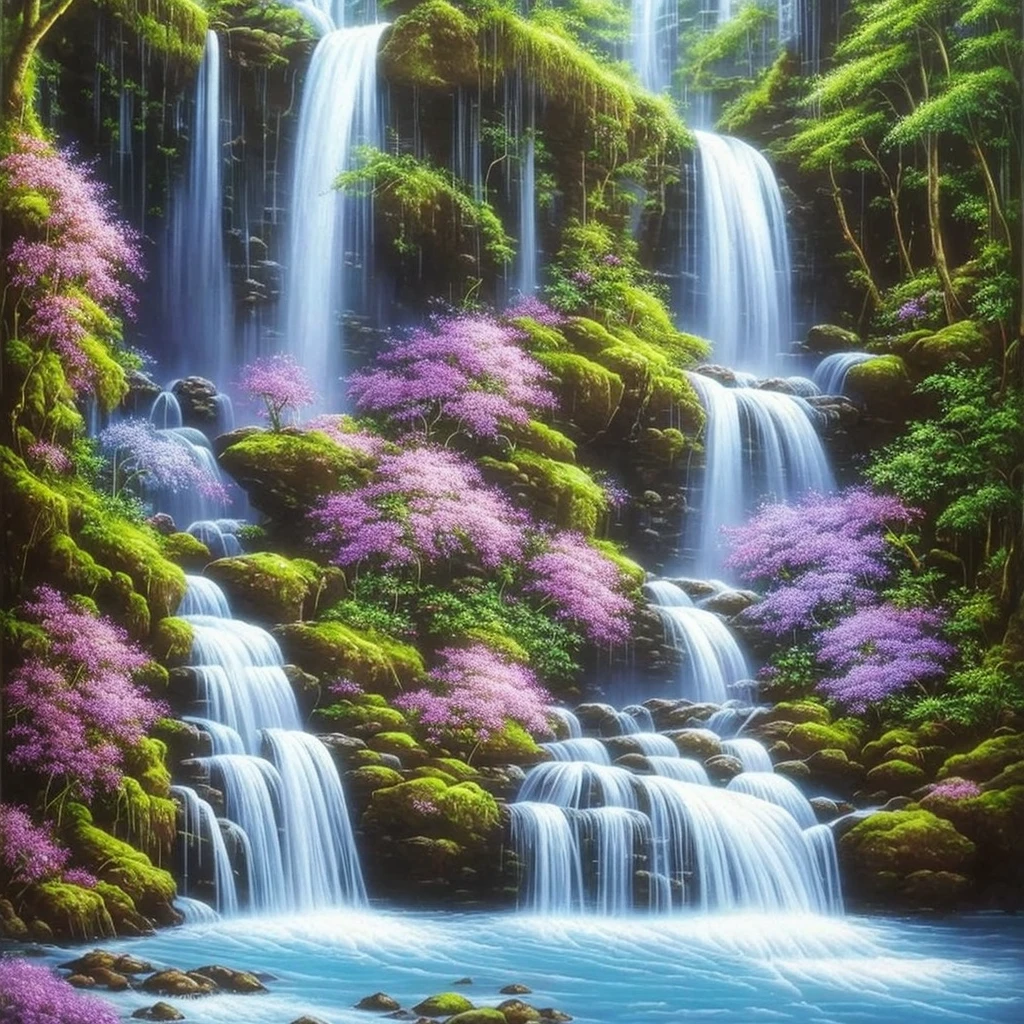 painting of a waterfall with purple flowers in front of it, orchids, orchid, moth orchids, jim warren, by Ji Sheng, by Howard Lyon, by sung choi, by Ken Danby, by David A. Hardy, by Marek Okon, by David B. Mattingly, by Liang Kai, realistic flowers oil painting, by Hong Ren