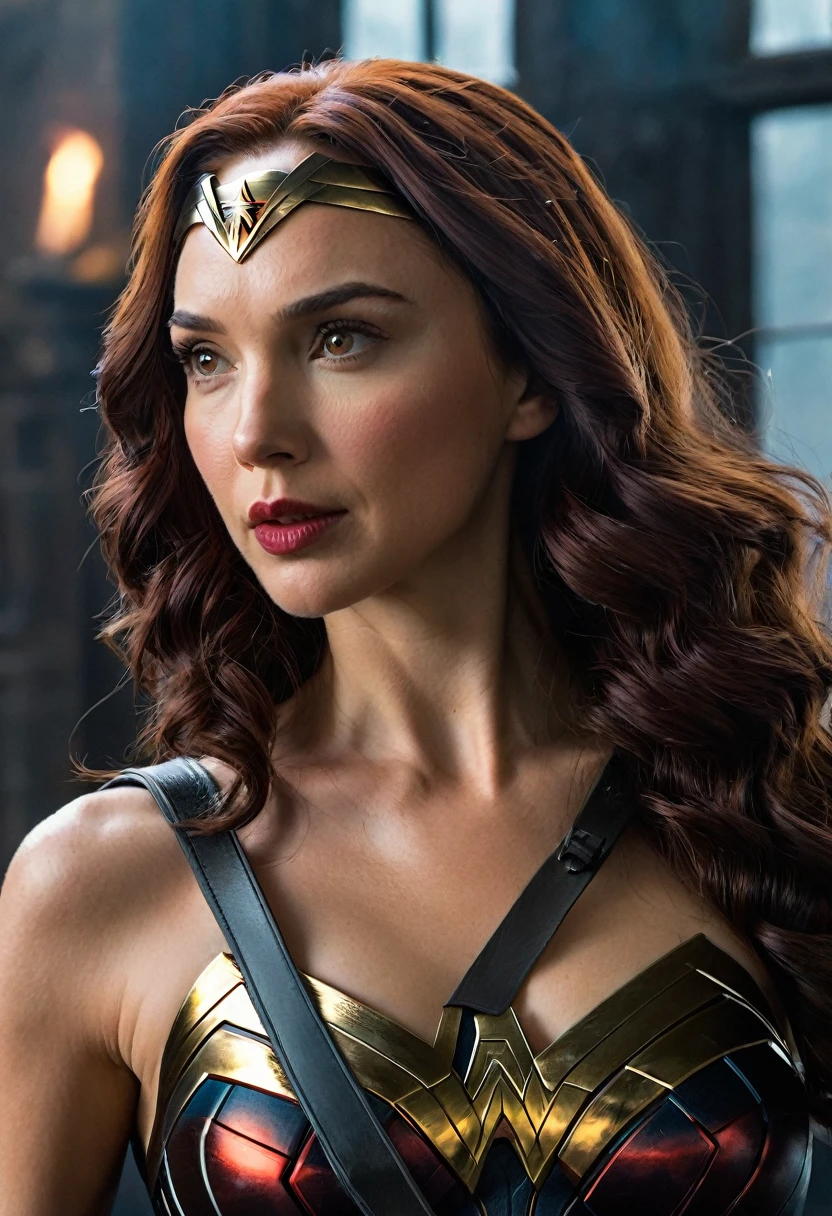(((Extreme close-up GAL Gadot under the mantle of the Amazon warrior Wonder Woman (((Traje Negro Black Widow))),(((Diaema Wonder Woman)))front images splash color images (((Traje Negro Black Widow))),(((Diaema Wonder Woman))),(((Traje Negro Black Window)))