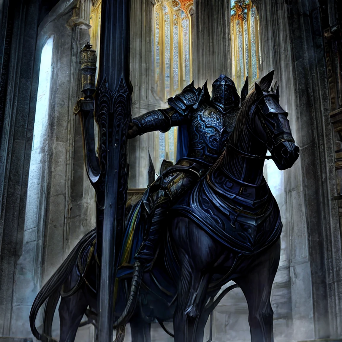 Draego, a medieval knight in shining armor, standing in front of an altar in a large cathedral, dramatic backdrop, high contrast, wide angle lens, vibrant colors, serene, detailed intricate armor, flowing cape, determined facial expression, sunlight streaming through stained glass windows, ornate altar with candles, dramatic shadows, cinematic composition, photorealistic, 8k, hyper detailed, masterpiece
