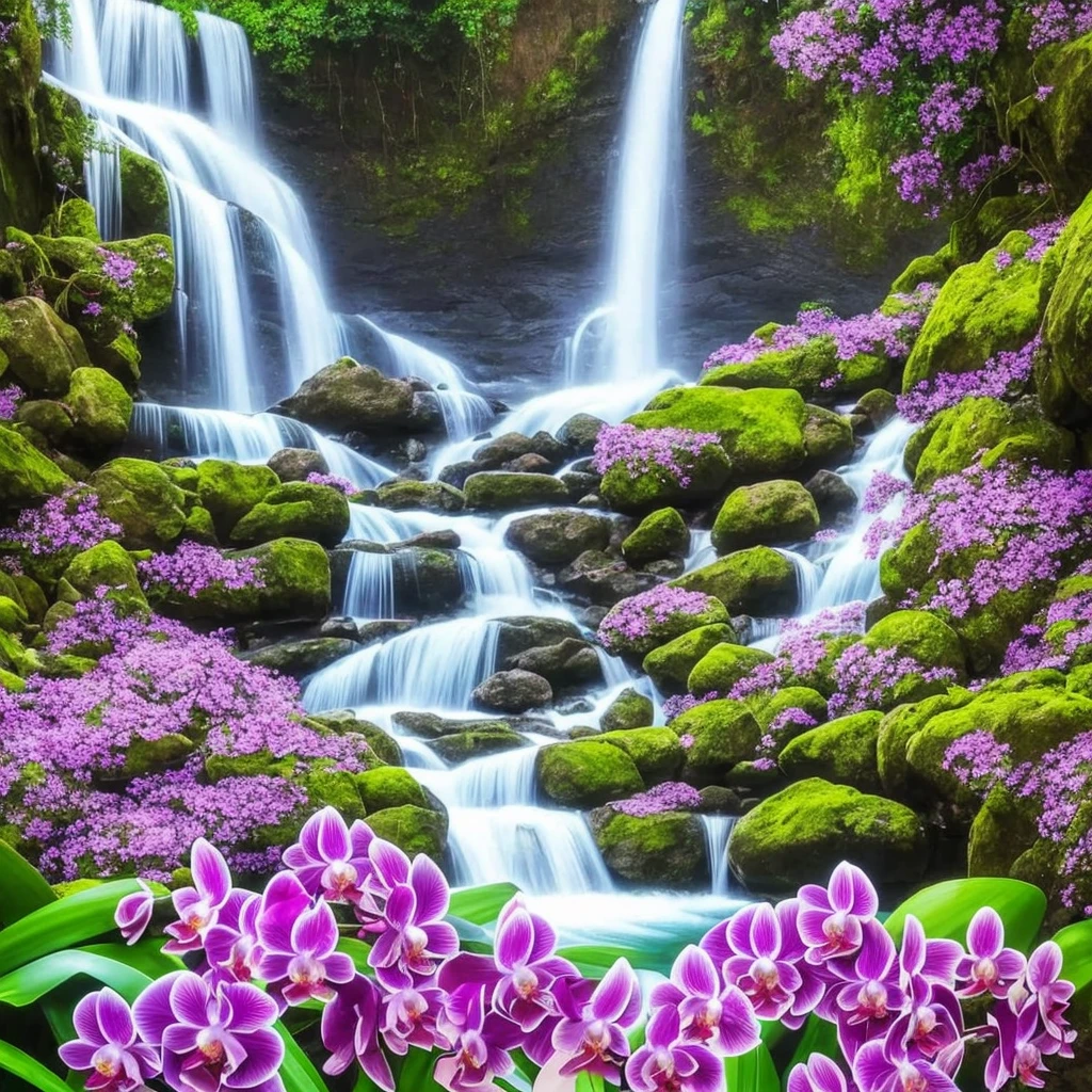 painting of a waterfall with purple flowers in front of it, orchids, orchid, moth orchids, jim warren, by Ji Sheng, by Howard Lyon, by sung choi, by Ken Danby, by David A. Hardy, by Marek Okon, by David B. Mattingly, by Liang Kai, realistic flowers oil painting, by Hong Ren