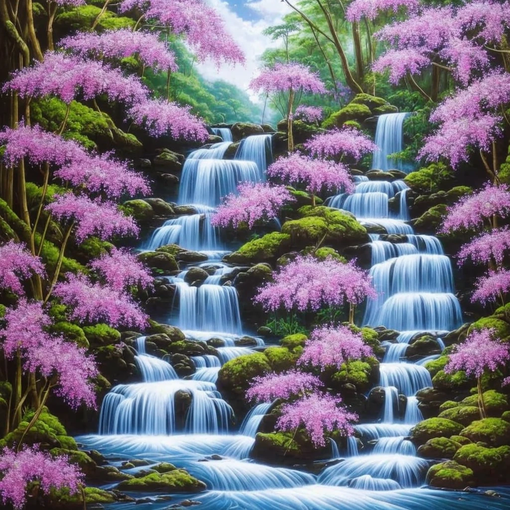 painting of a waterfall with purple flowers in front of it, orchids, orchid, moth orchids, jim warren, by Ji Sheng, by Howard Lyon, by sung choi, by Ken Danby, by David A. Hardy, by Marek Okon, by David B. Mattingly, by Liang Kai, realistic flowers oil painting, by Hong Ren