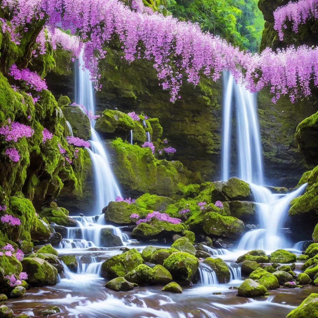 painting of a waterfall with purple flowers in front of it, orchids, orchid, moth orchids, jim warren, by Ji Sheng, by Howard Lyon, by sung choi, by Ken Danby, by David A. Hardy, by Marek Okon, by David B. Mattingly, by Liang Kai, realistic flowers oil painting, by Hong Ren