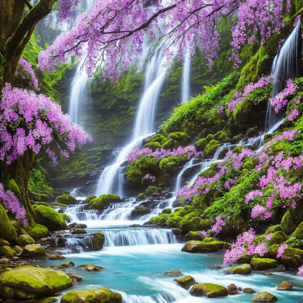 painting of a waterfall with purple flowers in front of it, orchids, orchid, moth orchids, jim warren, by Ji Sheng, by Howard Lyon, by sung choi, by Ken Danby, by David A. Hardy, by Marek Okon, by David B. Mattingly, by Liang Kai, realistic flowers oil painting, by Hong Ren