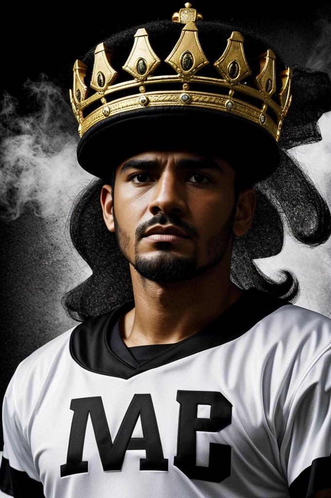 black background with white letters that say the king of bets with a crown on top and many football details. Letters in Spanish