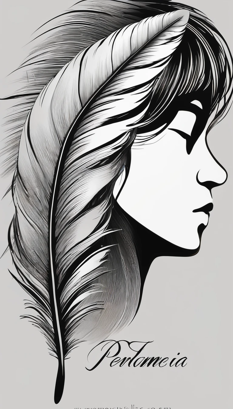 A minimalist, fantastic, poetic, dreamy, captivating, memorable, masterpiece, modern, simple logo design of a boy and a feather for the brand “Penamemoria". The logo must convey a sense of music, stories and dreams. Minimalistic logo design of a boy and a feather.