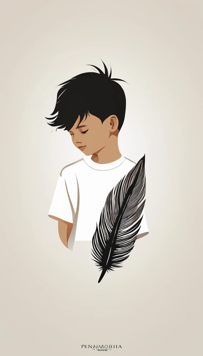 A minimalist, fantastic, poetic, dreamy, captivating, memorable, masterpiece, modern, simple logo design of a boy and a feather for the brand “Penamemoria". The logo must convey a sense of music, stories and dreams. Minimalistic logo design of a boy and a feather.