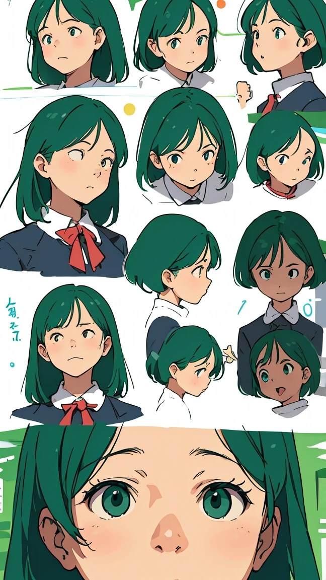 Green Hair、girl、uniform、Naivety、fine、Streamlined Design, Clear lines, High Sharpness、Facial expression patterns、Surprise face