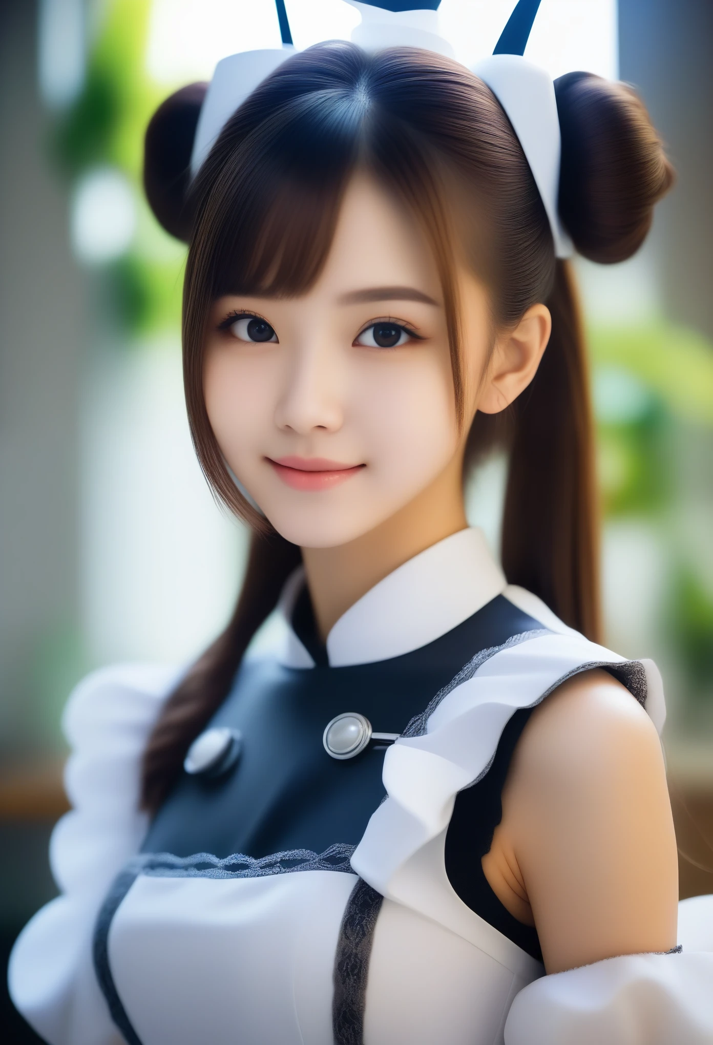8K, Ultra-high resolution, Highest quality, masterpiece, 三分割法によるphotograph,Surreal, photograph, 1 Girl, (16 years old:1.3), pretty girl, Cute face, Beautiful eyes in every detail, 細かくdetailedに,masterpiece,, One Girl:1.2, Virginia Otis 15 year old girl、美しい cyborg mixed maid female, Mecha Cyborg Girl,Mecha Body Girl,She wears a futuristic mech, victorian maid dress, from the front, From the skirt up,Cute kids room, bed room, bed,Beautiful leg line beauty,Full of sex appeal,Sensual,A carefree smile,Heal the heart,Short ponytail、beauty,Long neck、Laugh a little、Please close your mouth and laugh、(((Ideal body type))),A cup small breasts :2,、Portraiture:2、Perfect Anatomy、鮮明なdetailed、detailed、Surreal、Light and shadow,Strong light