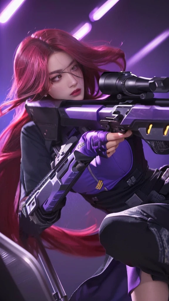 a realistic portrait of a woman holding a sniper rifle, violet battlefield theme,(best quality,4k,8k,highres,masterpiece:1.2),ultra-detailed,(realistic,photorealistic,photo-realistic:1.37),HDR,UHD,studio lighting,ultra-fine painting,sharp focus,physically-based rendering,extreme detail description,professional,vivid colors,bokeh,portrait,military,sniper,war,gun,violet,dramatic lighting,intense expression,determined,cinematic composition